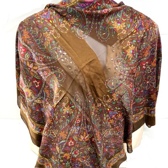 Yves Saint Laurent 100% SilkChiffon/Satin Scarf 42" Brown Red Green Floral ( 29 - Picture 6 of 15